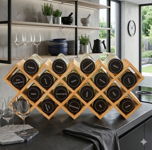 Wooden Spice Rack with 18 × 120ml Glass Jars + Pre-labelled Sticker Sheet