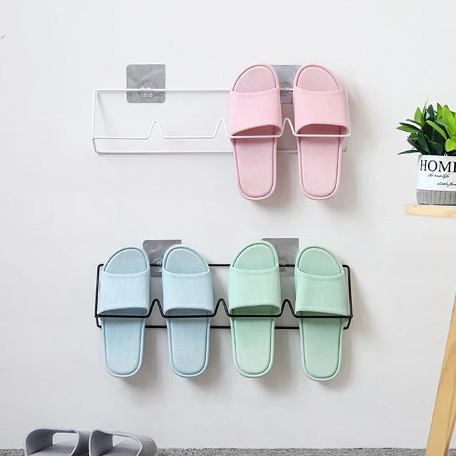 2 pair Slipper steel Rack( self adhesive) Wall-Mounted Punch-Free for Home Bathroom ,Door Rear etc Slippers Shoe Rack Hanger Nail-Free