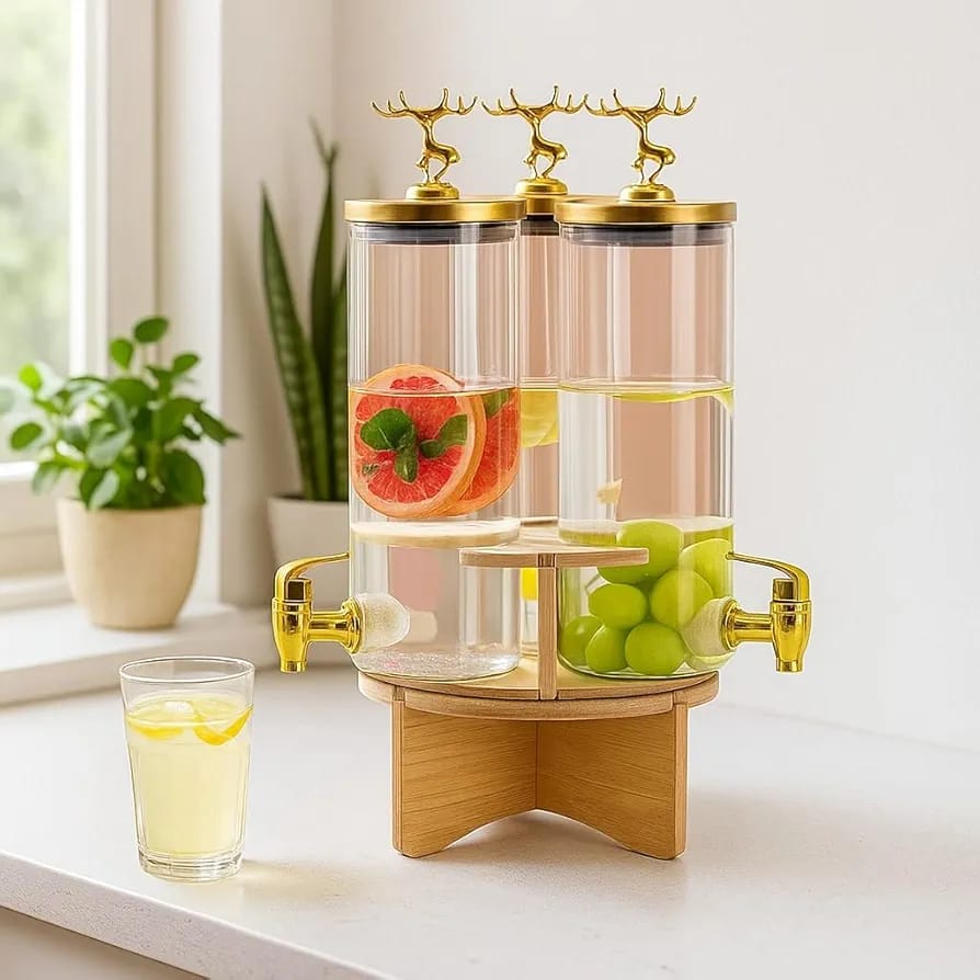 3cylinder Rotating Glass Beverage Dispenser Set with wooden Stand and golden 3 taps