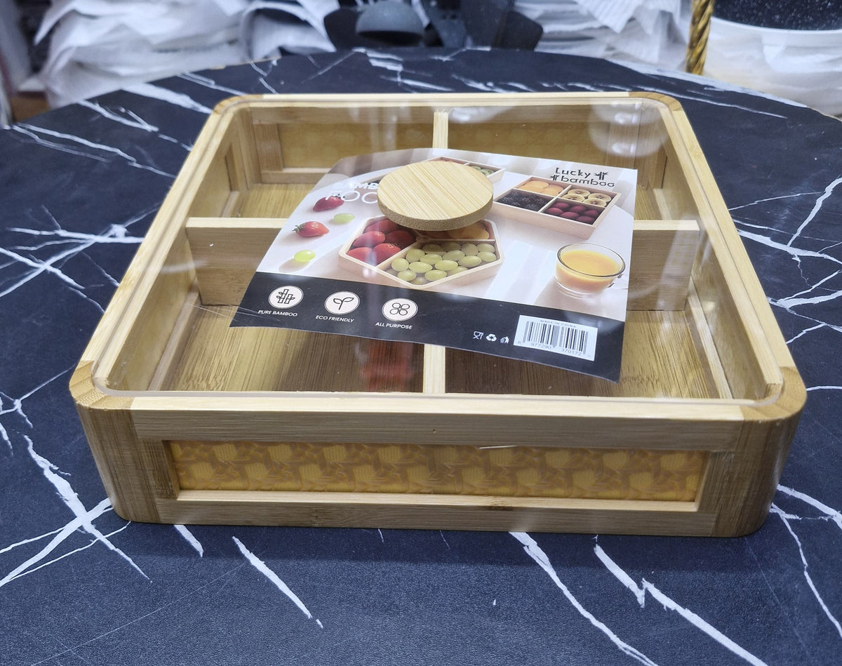 Premium square Bamboo 4-Section Tea / Snacks Tray with Lid.