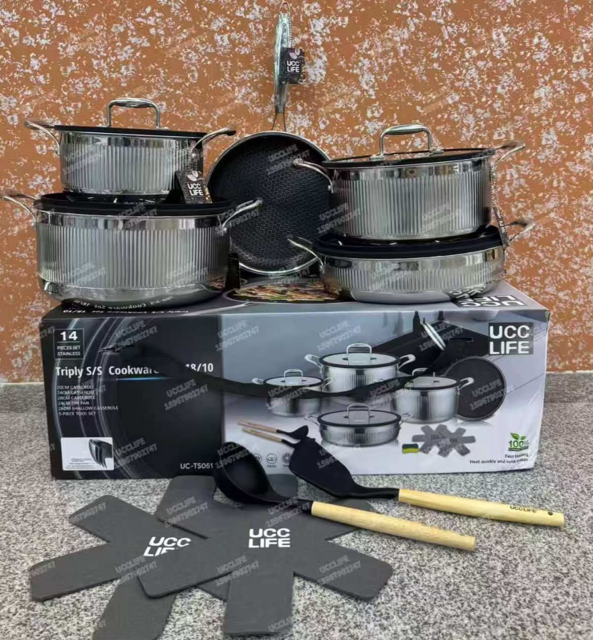 Premium High quality Tripply S/S Stainless steel cookware set with Ribbed Patterned design.