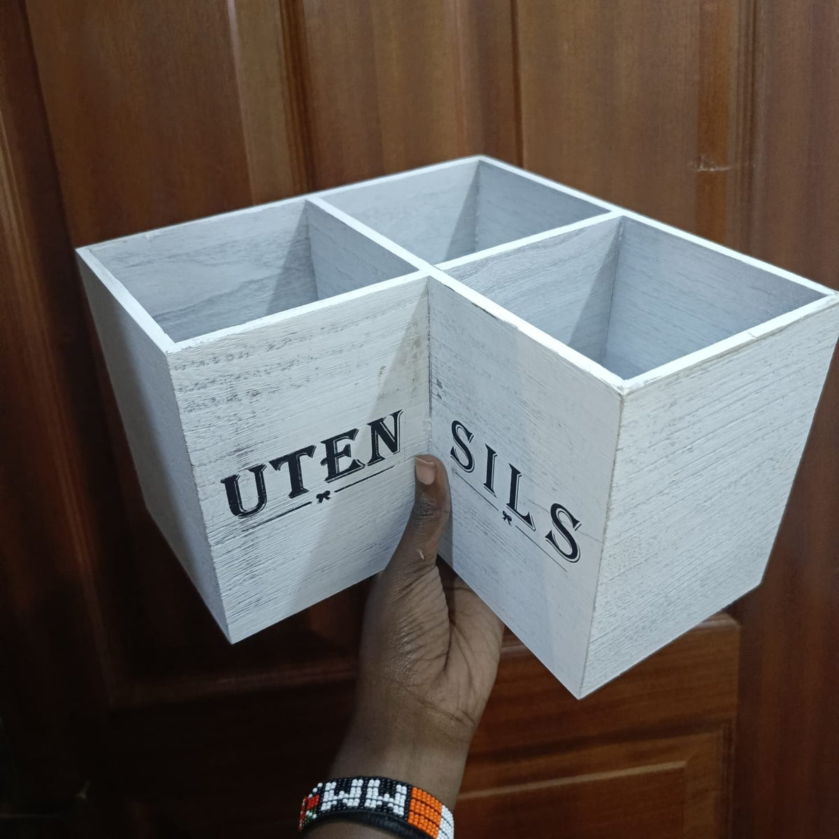 Wooden Kitchen Utensils Holder With A White Rustic Finish