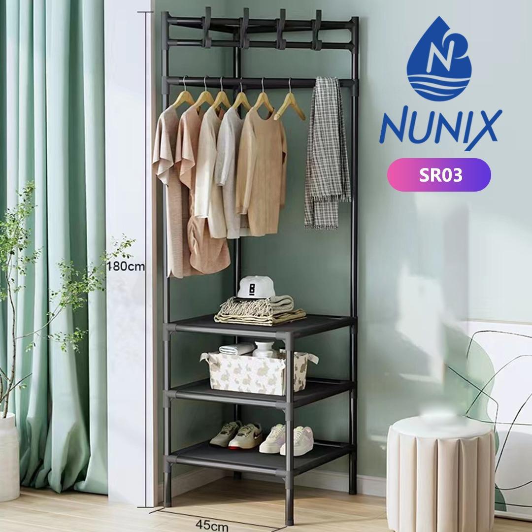Triangular standing corner clothes and coat rack with shelves and a shoe rack