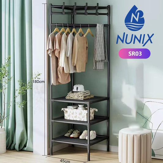Triangular standing corner clothes and coat rack with shelves and a shoe rack