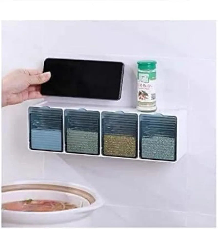 4-slot kitchen wall spice organizer with transparent, colored drawers