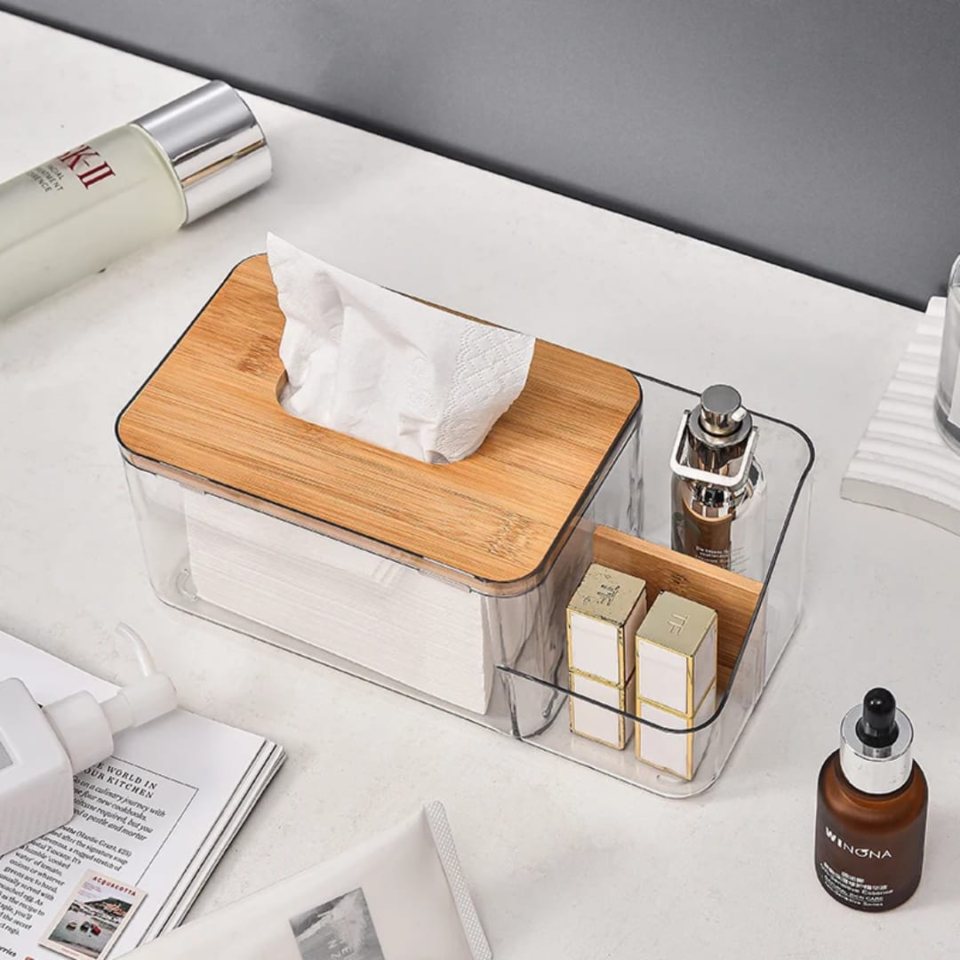 2 in 1 Clear Desk Tissue Paper Dipenser Case with Wooden Lid Desk Organizer Remote Holder