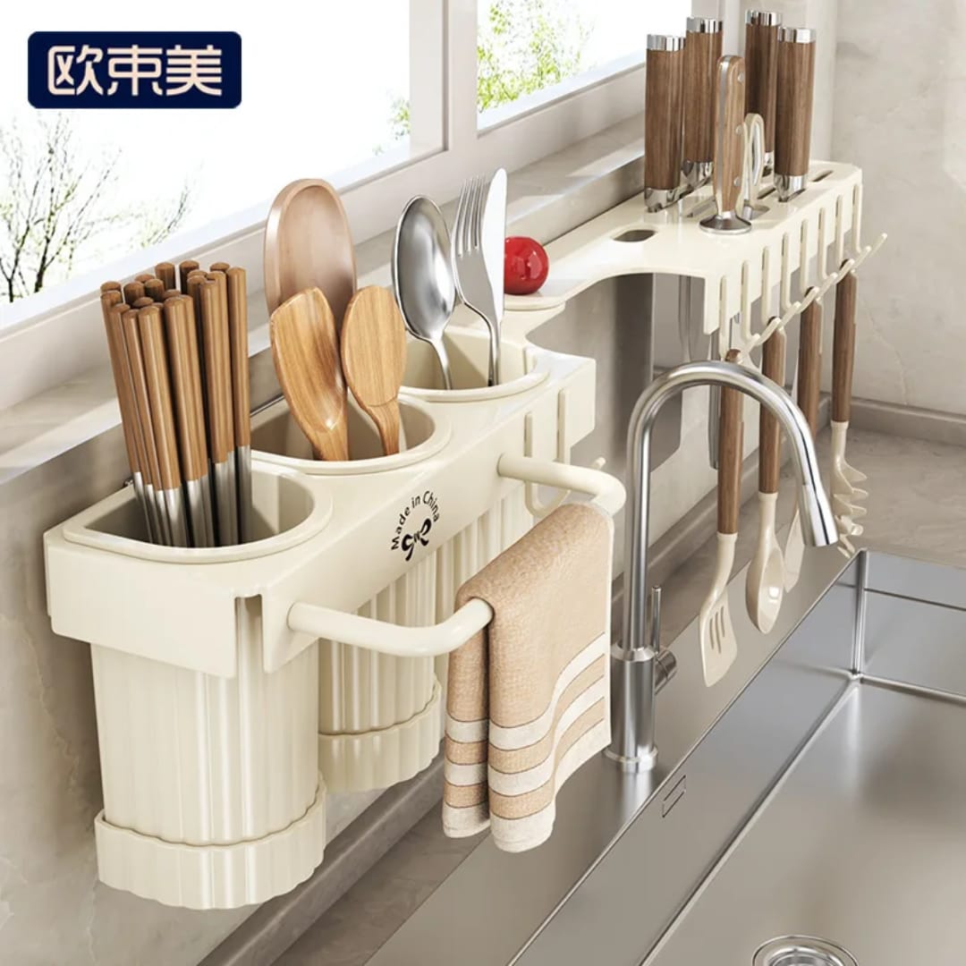 Multifunctional wall mounted cutlery storage rack.
