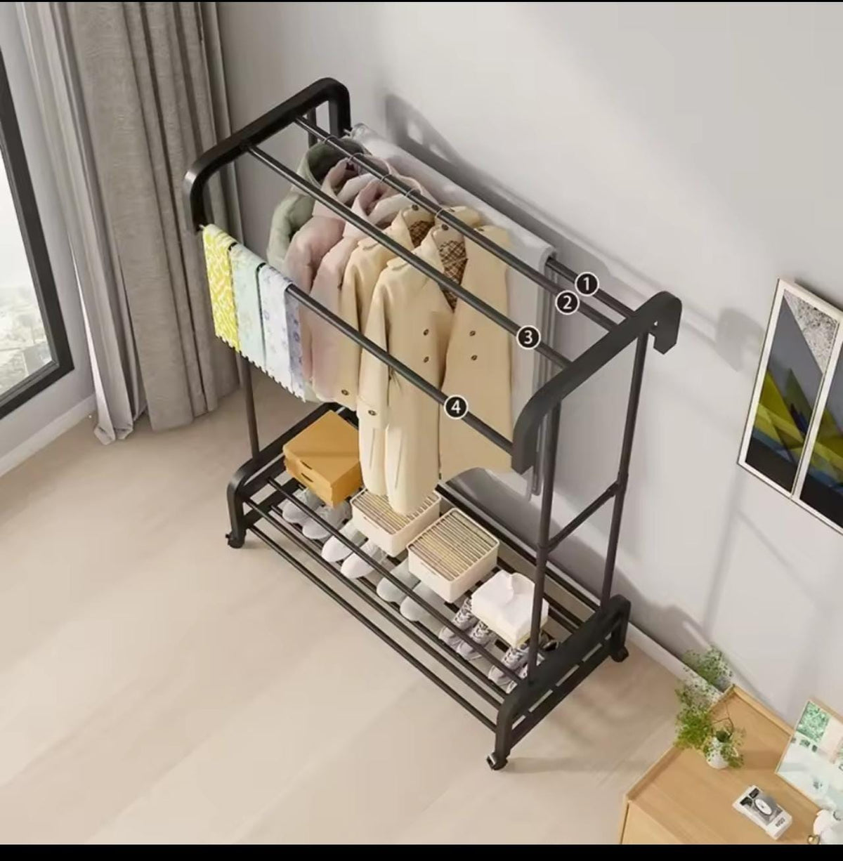 Double pole wheeled multifunctional clothes drying rack, with double layer shoe rack