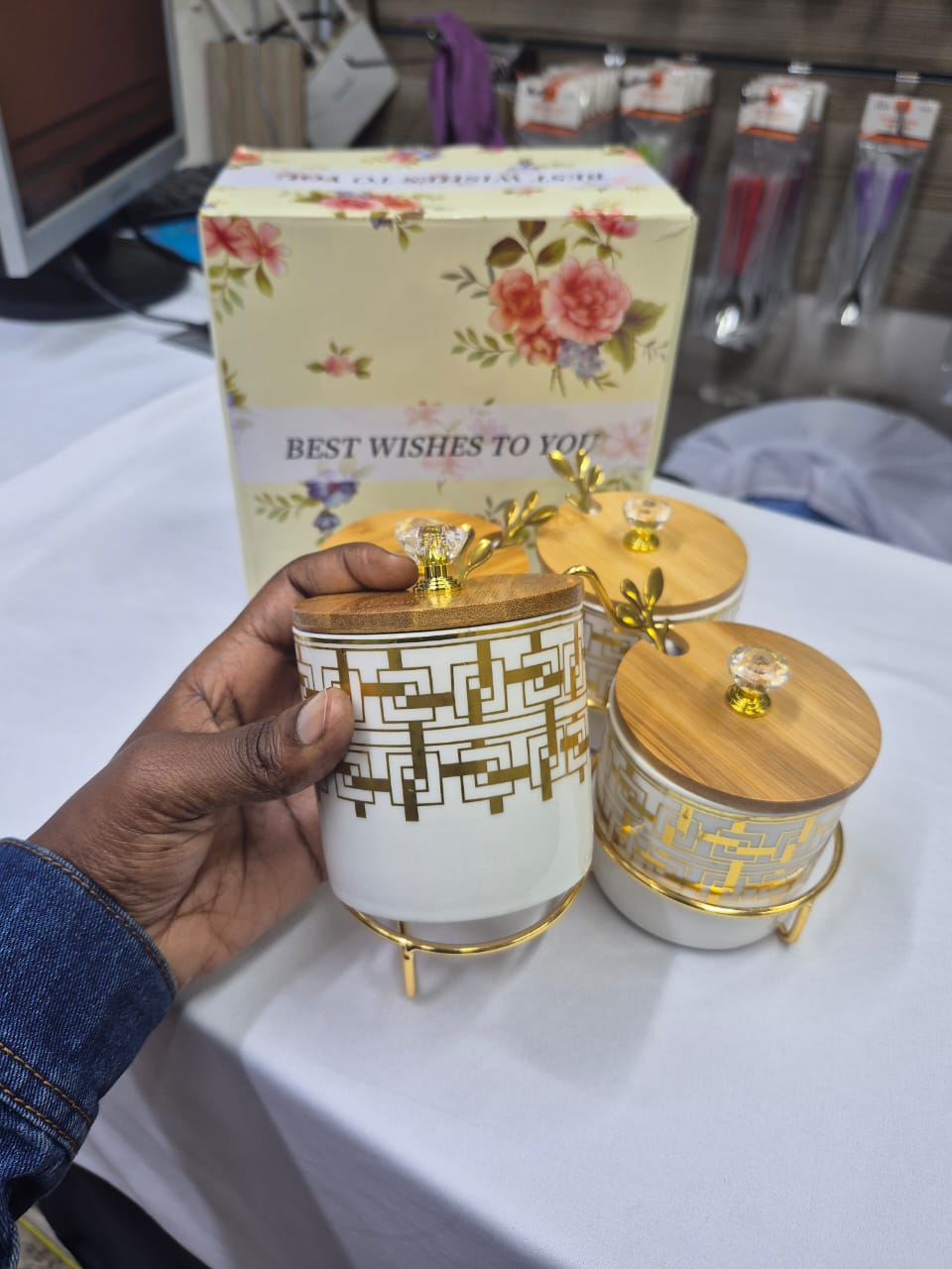 4 pcs ceramic canister set with gold stand and bamboo lid