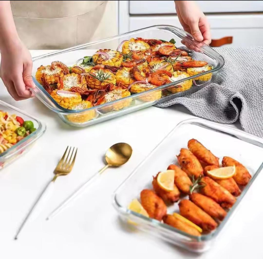 3pcs BAKING & MICROWAVEABLE glass casserole tins