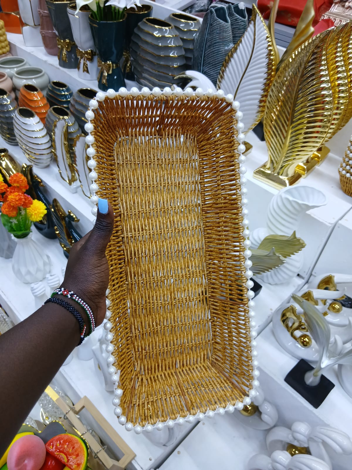 Rectangular Woven Rattan Tray with Pearl Trim