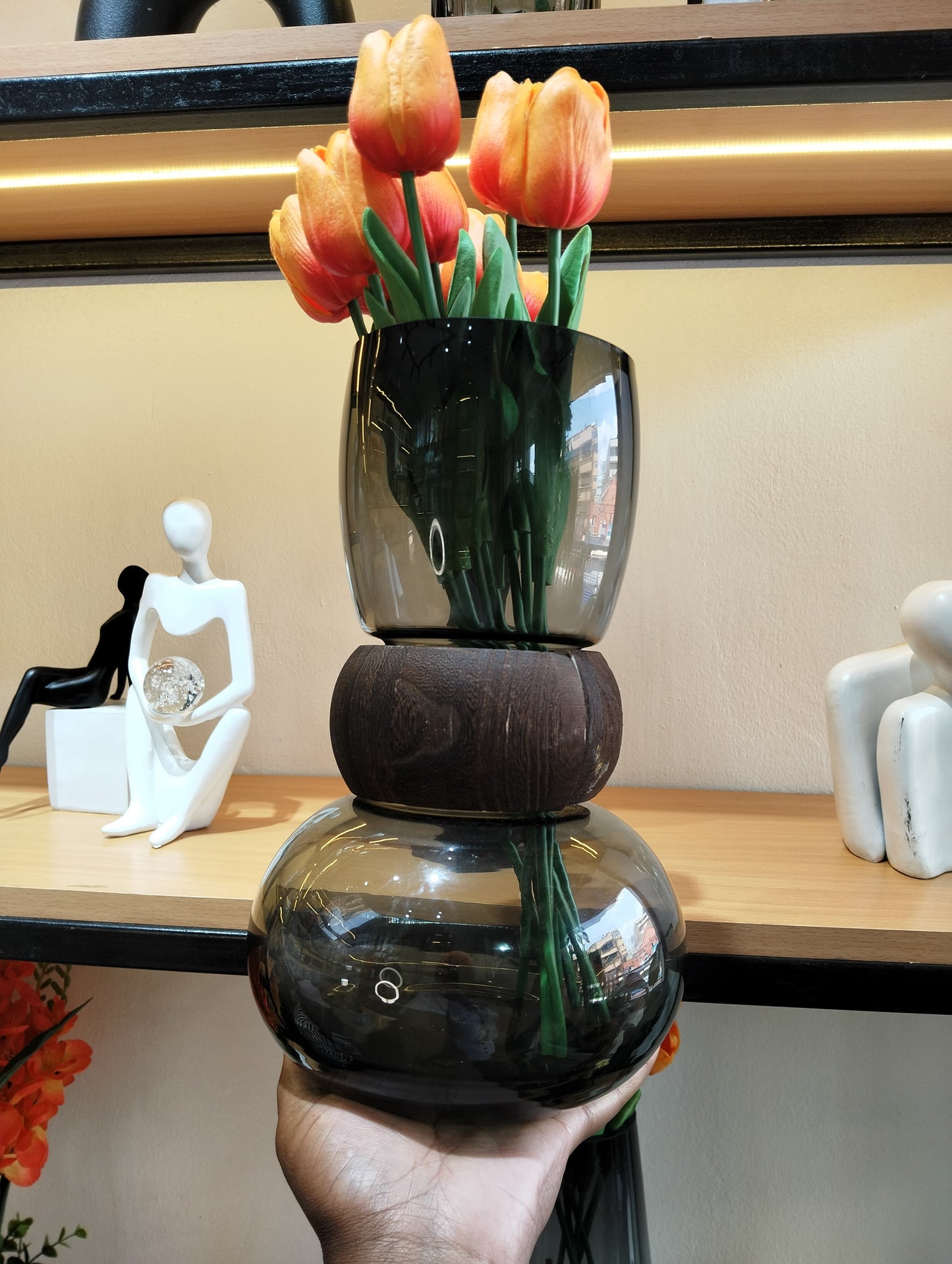 Nordic Modern creative dark glass vase With a Wooden Ring