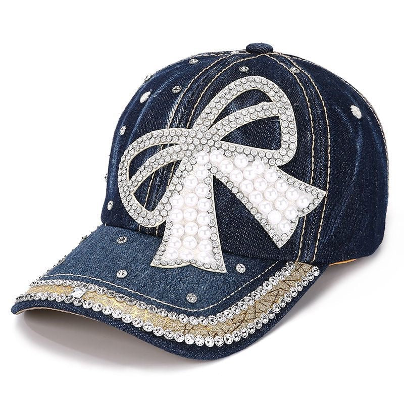 Bow pearl diamond denim baseball cap