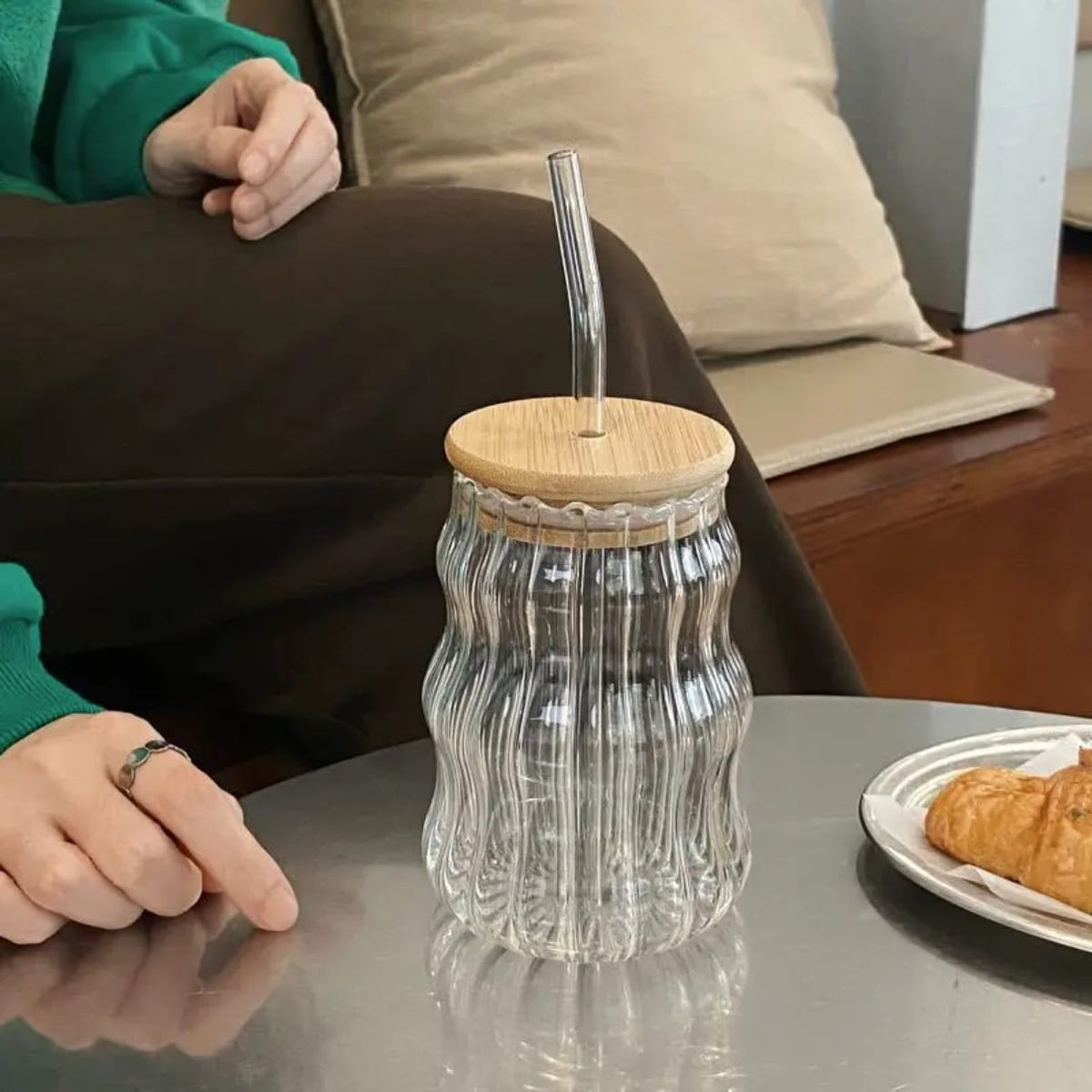 Textured Glass Bamboo Lid Tumbler