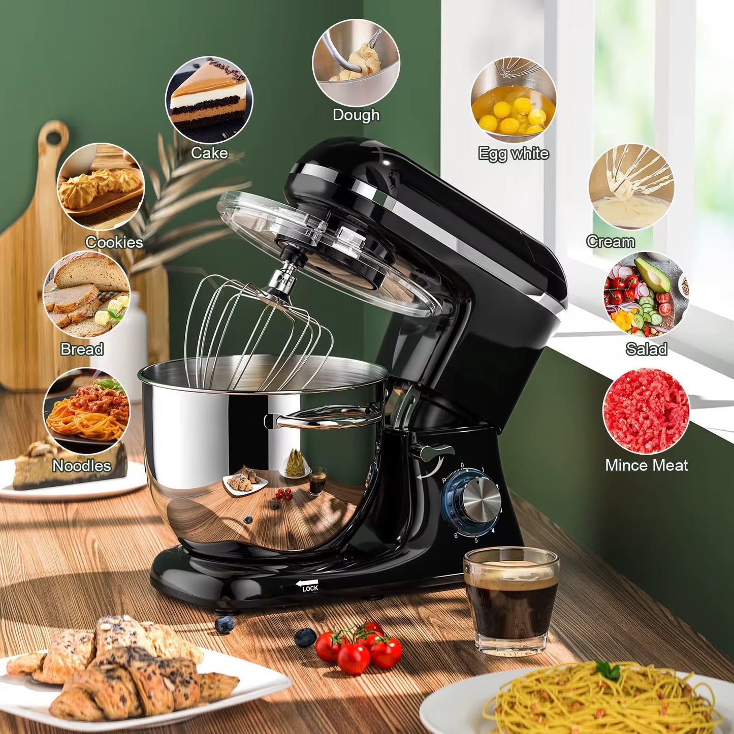 REKI Multipurpose Heavy duty commercial stand mixer, 6 liter capacity and black finish-1500W power