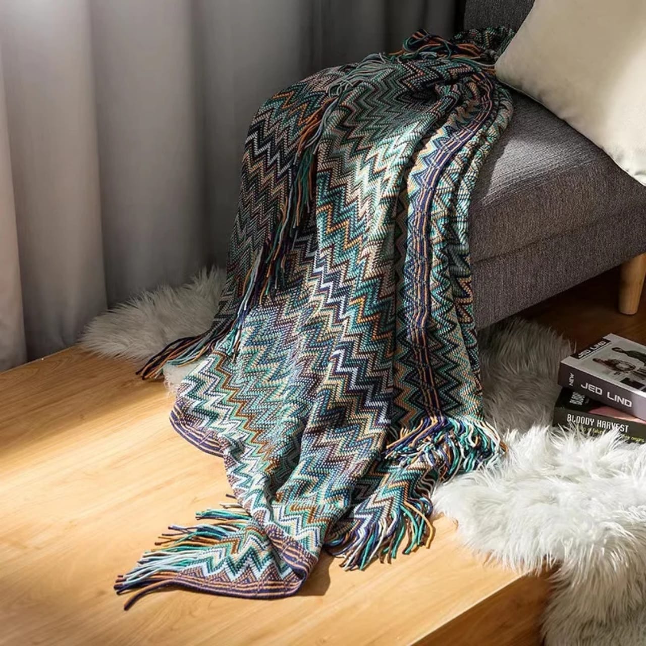 Bohemian Knitted Throw Blanket With Tassel
