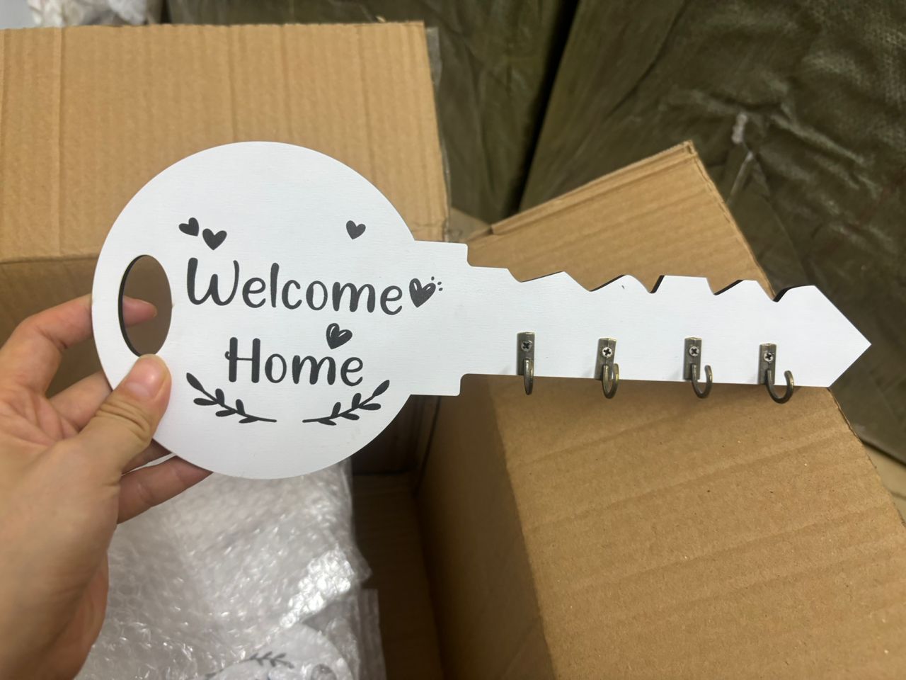 Welcome Home Wooden Key Holder with Hooks