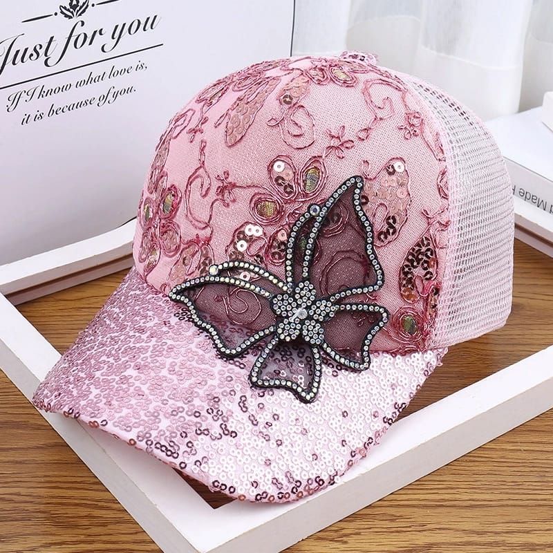 *Fashion Mesh Women's Baseball Cap Breathable Black Rhinestone Sun Hat Butterfly