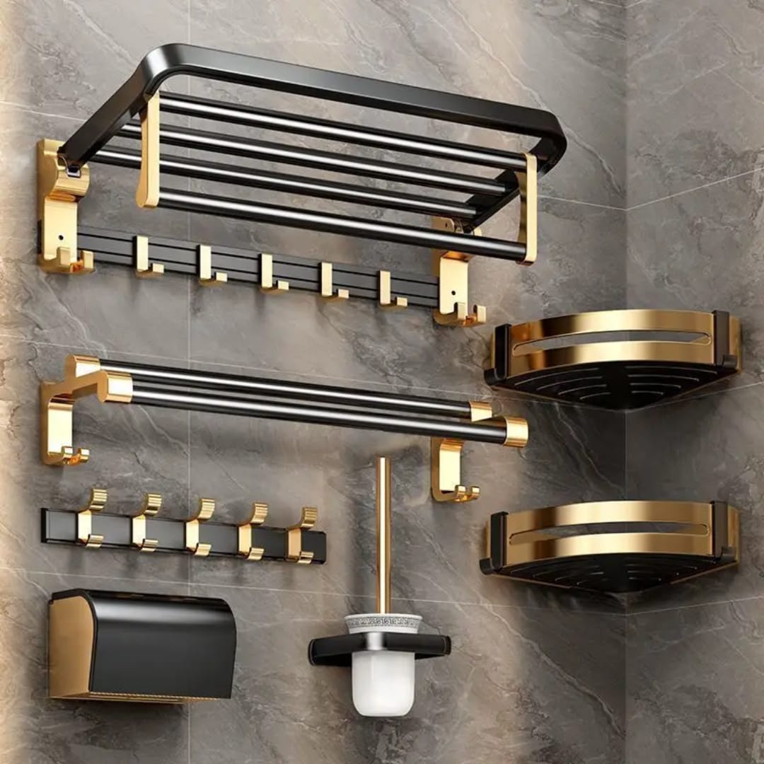 7pcs Gold Multifunctional Aluminum Bath Towel Storage Rack Set Bathroom Storage Rack