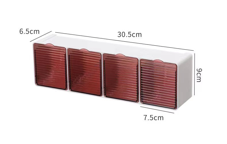 4-slot kitchen wall spice organizer with transparent, colored drawers