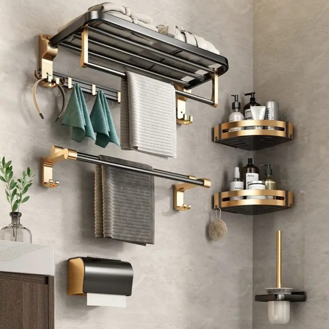 7pcs Gold Multifunctional Aluminum Bath Towel Storage Rack Set Bathroom Storage Rack