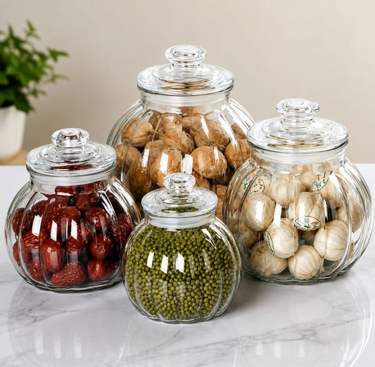 Vertical pattern transparent glass sealed jar candy. Glass jar pumkin shaped tea tin. Moisture-proof storage bottle honey lemon storage jar.