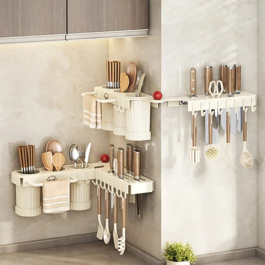 Multifunctional wall mounted cutlery storage rack.