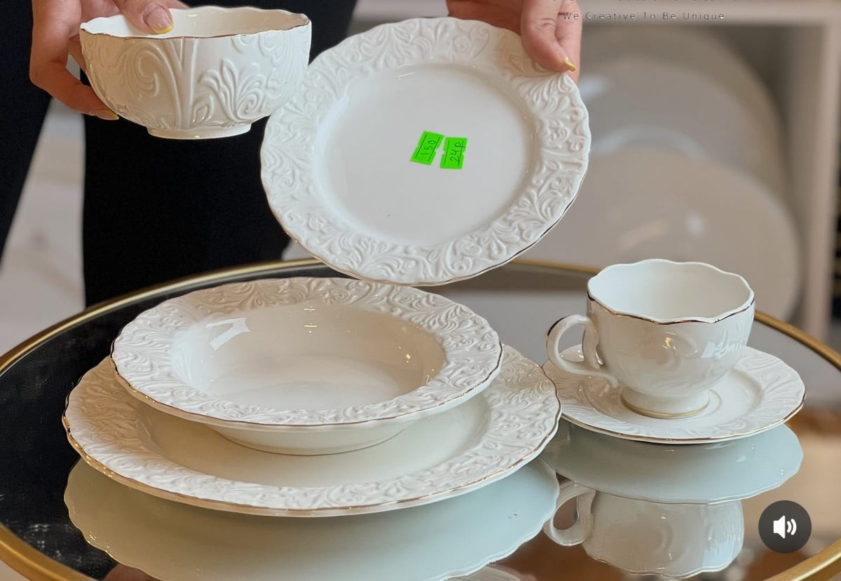 39pcs White Porcelain Embossed Ceramic dinner set with Gold rim