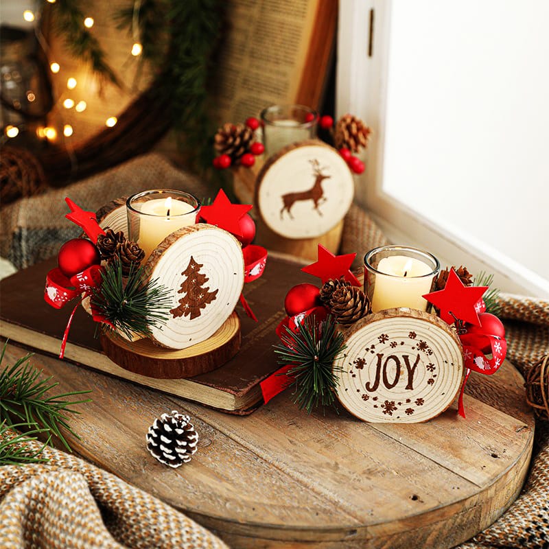 Wooden Candlestick Christmas Decoration Candle Holder Desktop Ornaments Creative Pattern Crafts