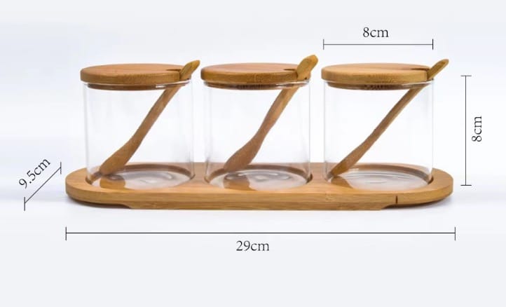 High quality 3in1 glass sugar set with bamboo stand, lids and spoons