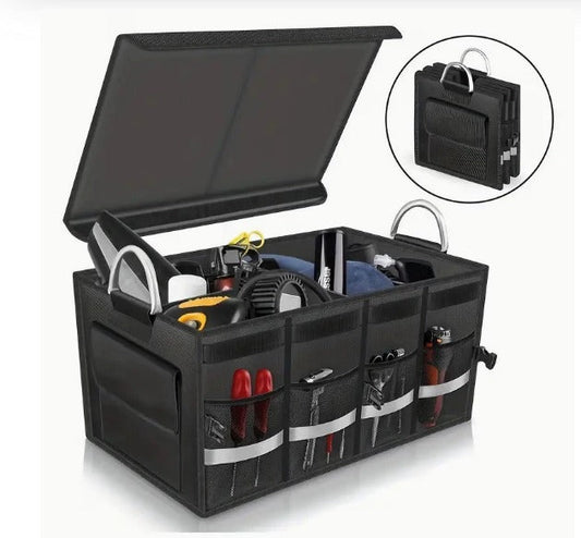 PREMIUM HEAVY DUTY CAR BOOT ORGANIZER WITH LID , PARTITIONS & ALUMINIUM HANDLE