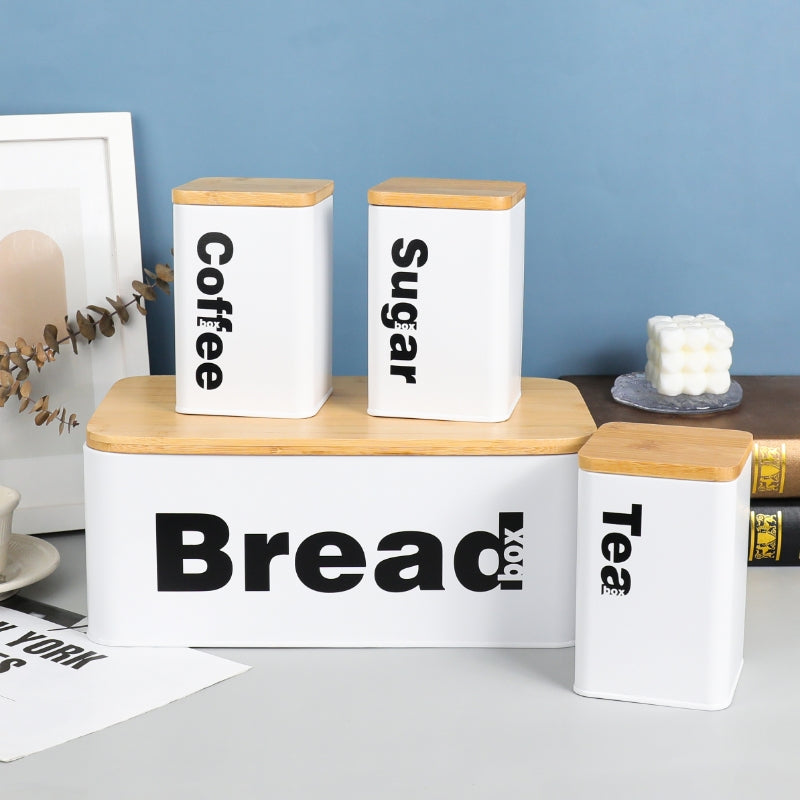Bread Bin with Three Canister Set with Bamboo Lid