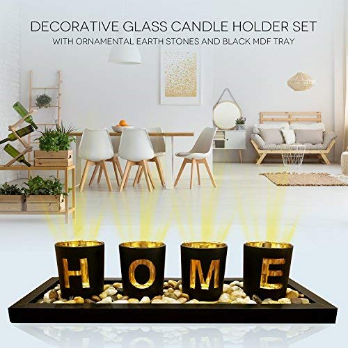 HOME - branded 4pc glass candle holder set with wooden placement and rock pebbles