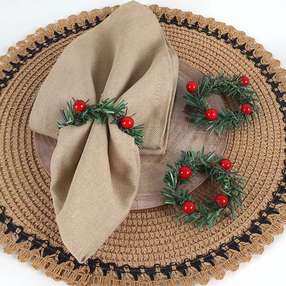 6pcs Christmas Red Fruit PVC Pine Needle Napkin