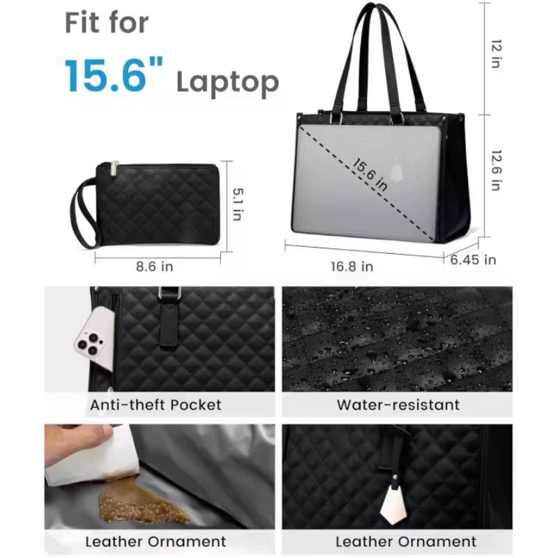 Quilted Large Capacity 15.6” Business Laptop Tote Bag with Insulated Lunch Compartment