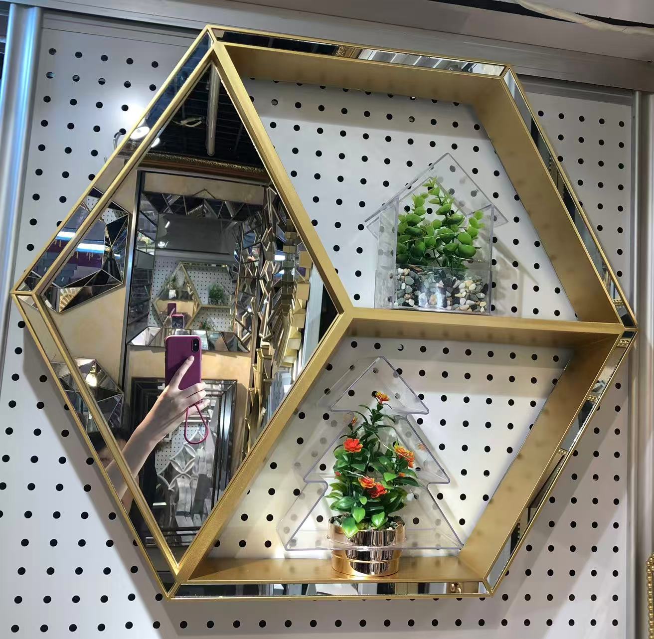 ✨ Luxury Gold Hexagon Wall Mirror with Display Shelves