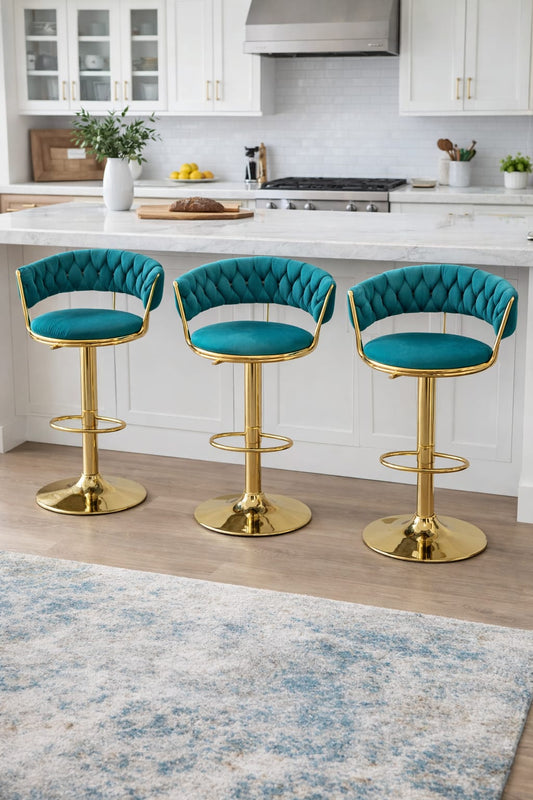 Tufted Barstool in Fabric with Golden Stand