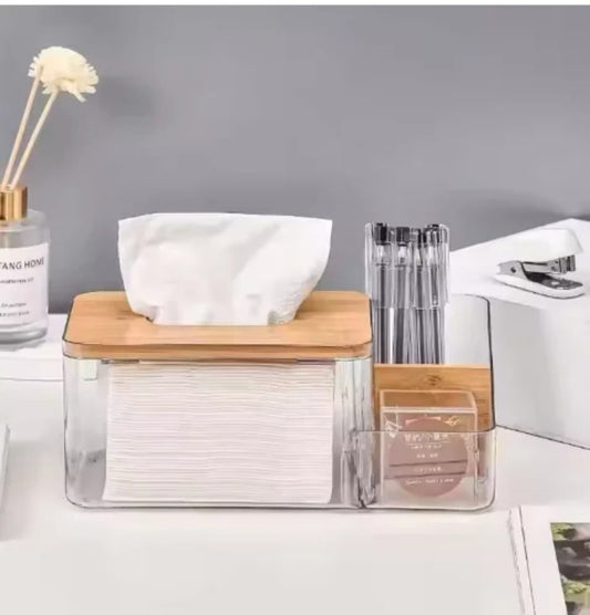 2 in 1 Clear Desk Tissue Paper Dipenser Case with Wooden Lid Desk Organizer Remote Holder