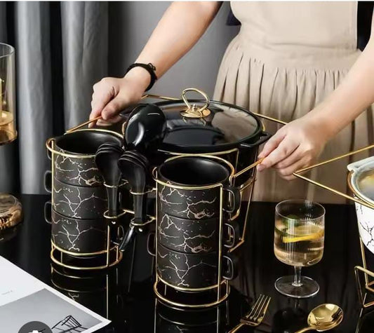 15pcs Nordic ceramic soup pot binaural soup bowl set marble black
