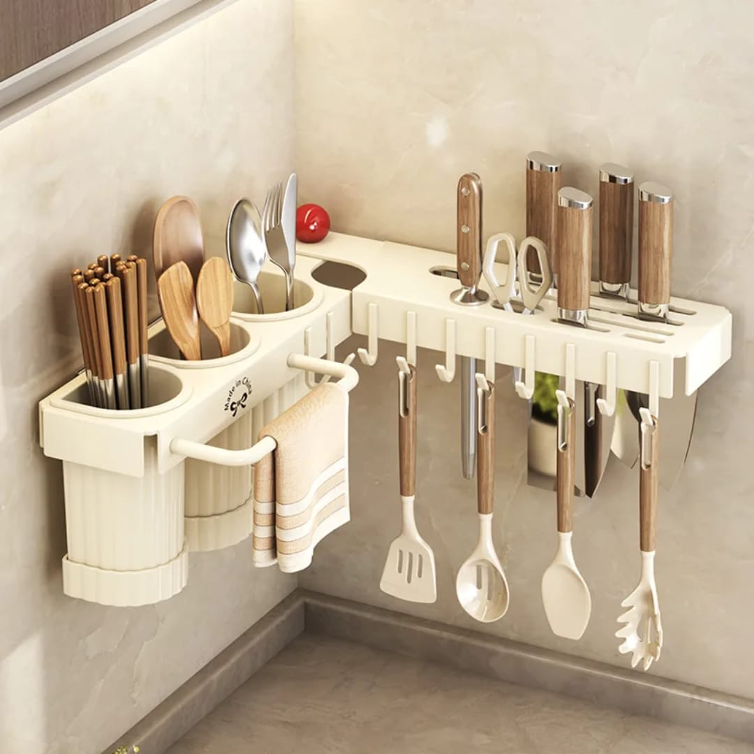 Multifunctional wall mounted cutlery storage rack.