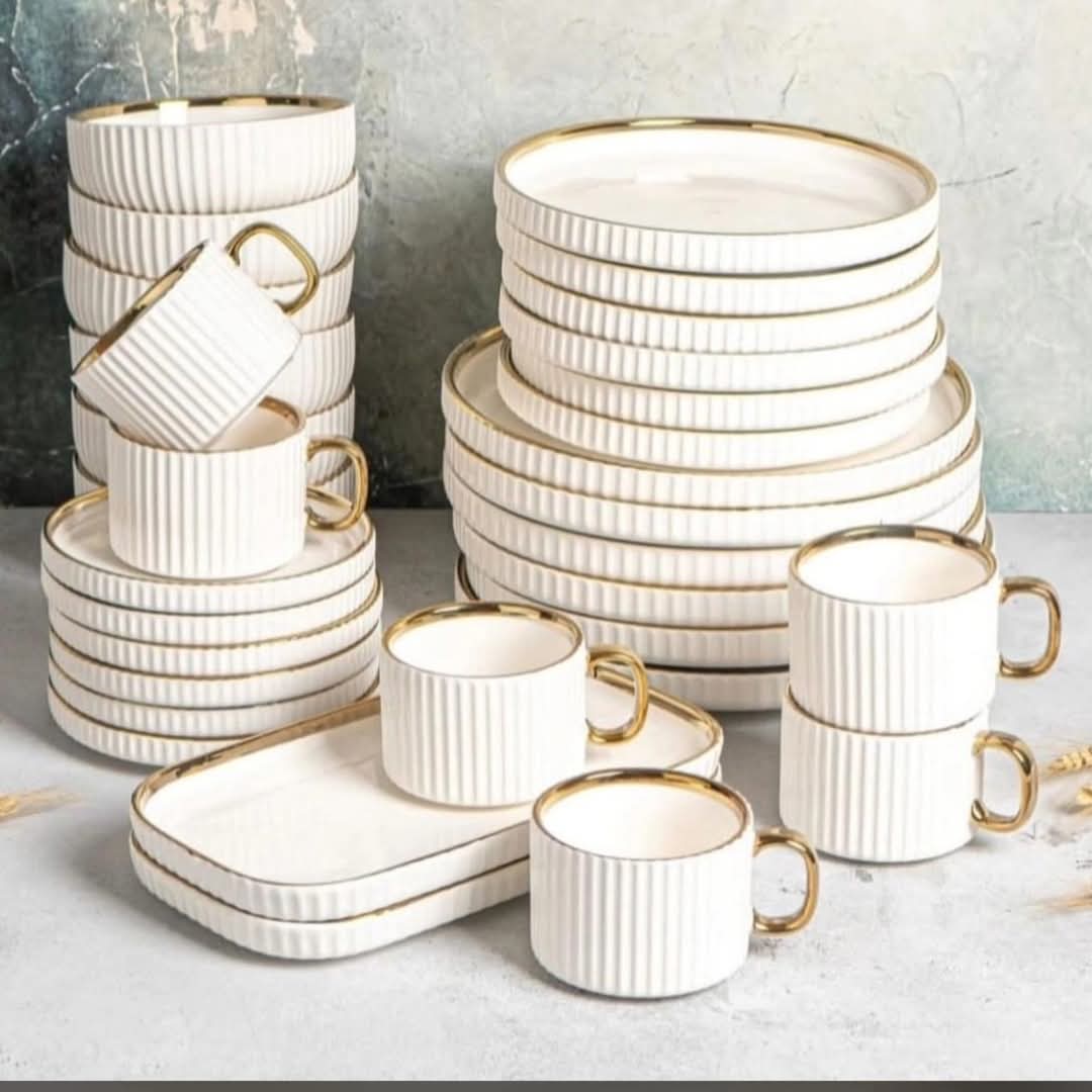 32Pc White Ribbed Dinnerware Set with Gold Trim