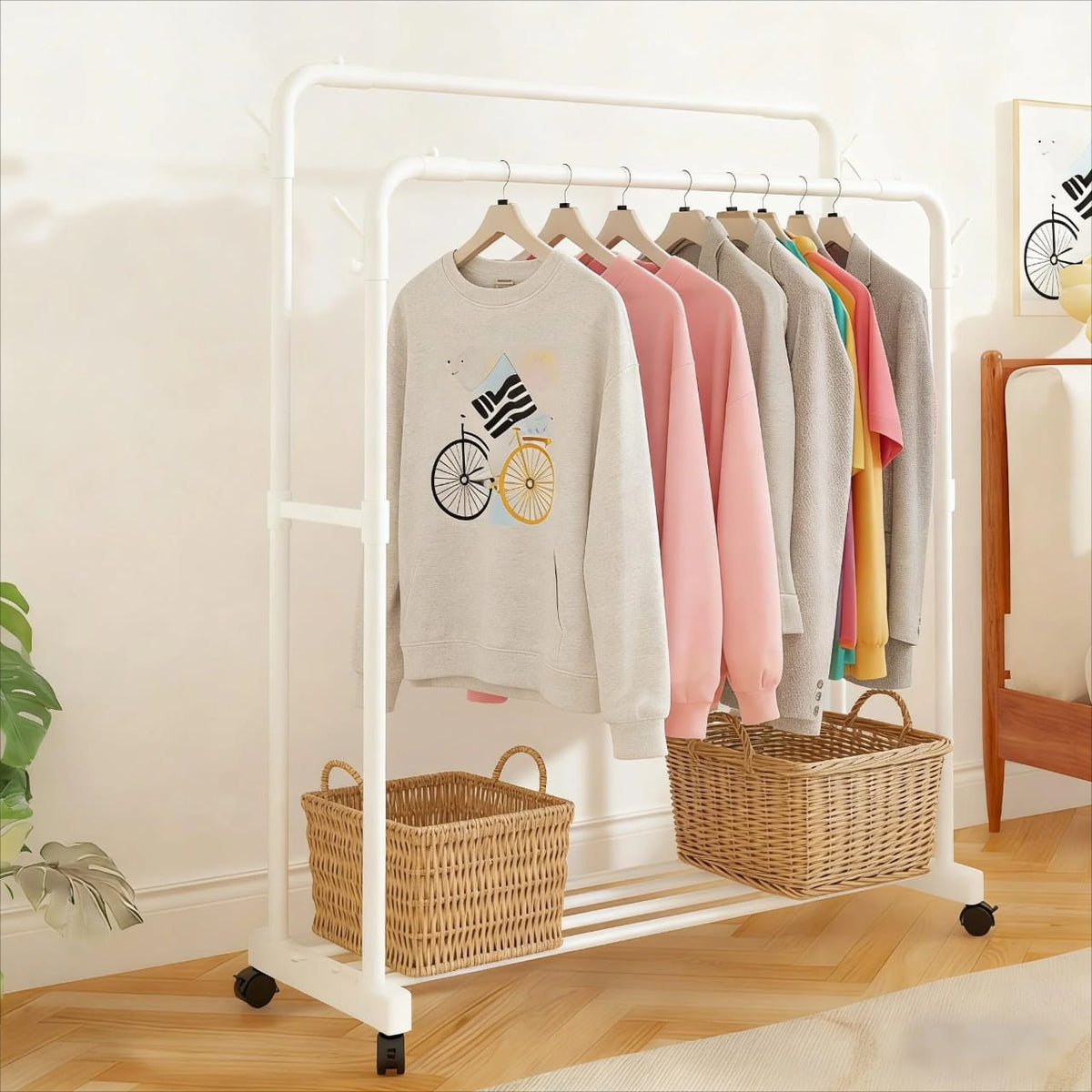 Double Pole Clothing Rack With Wheels & Lower Storage Shelf for Boxes /Shoes