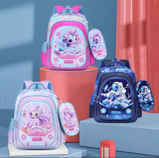 High-Capacity 3D Cartoon Two-Piece School Backpack Set