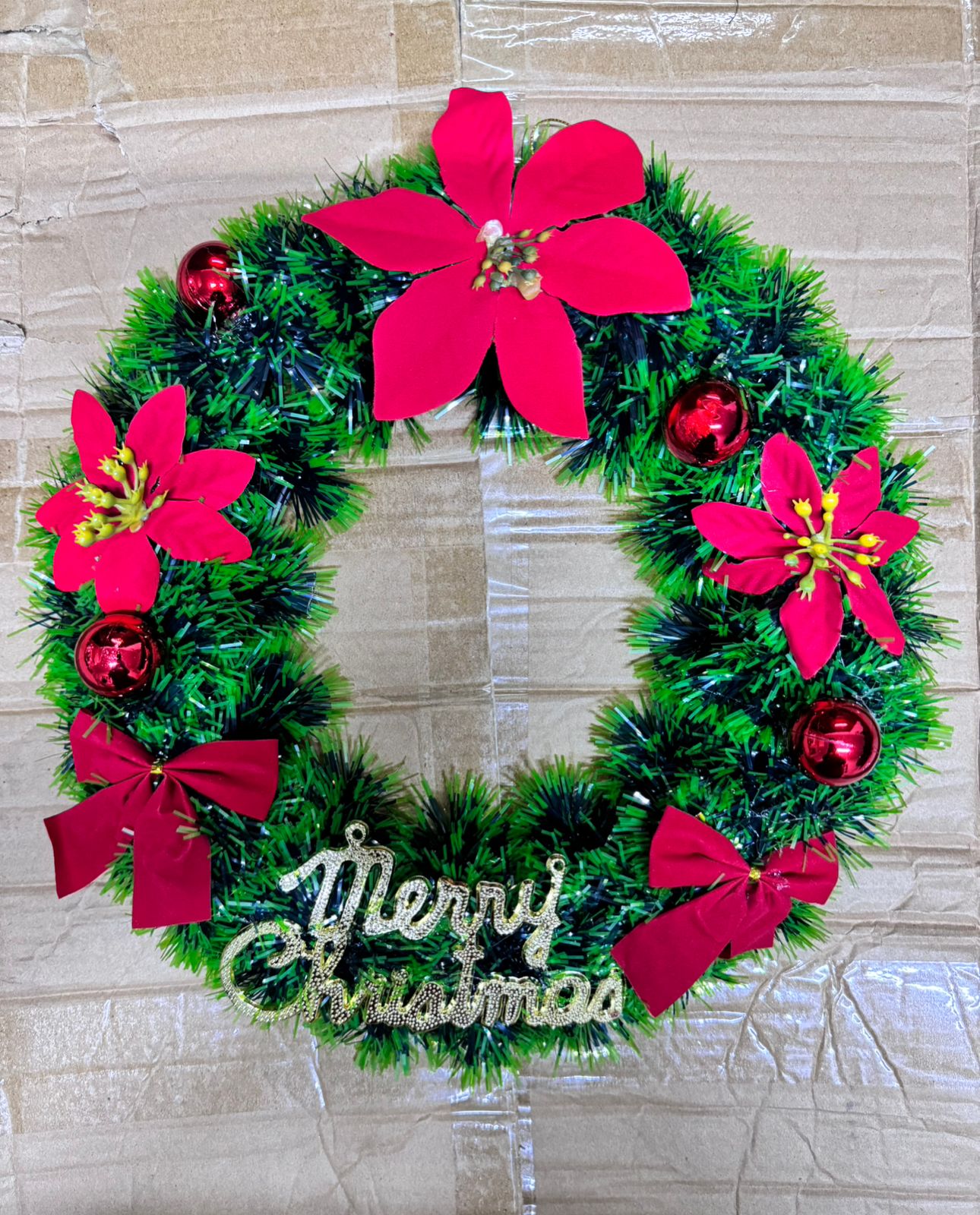30CM Christmas Wreath for Front Door \ Window with pine artificial garland, Christmas red balls, red bow ties flowers & MERRY CHRISTMAS Word