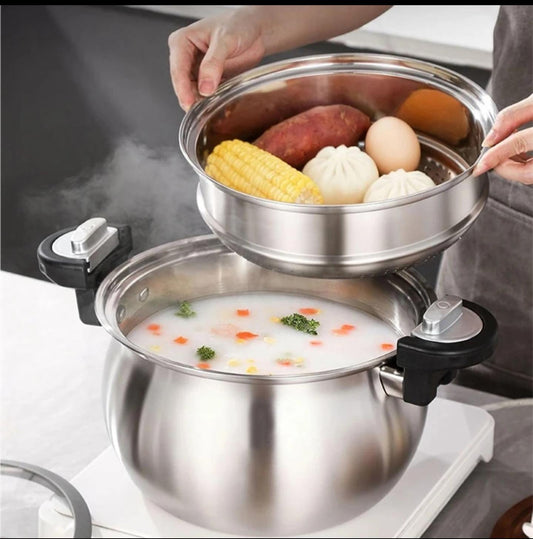 304 Triply stainless 2in1 multipurpose micro pressure cooker with a steamer pot.
