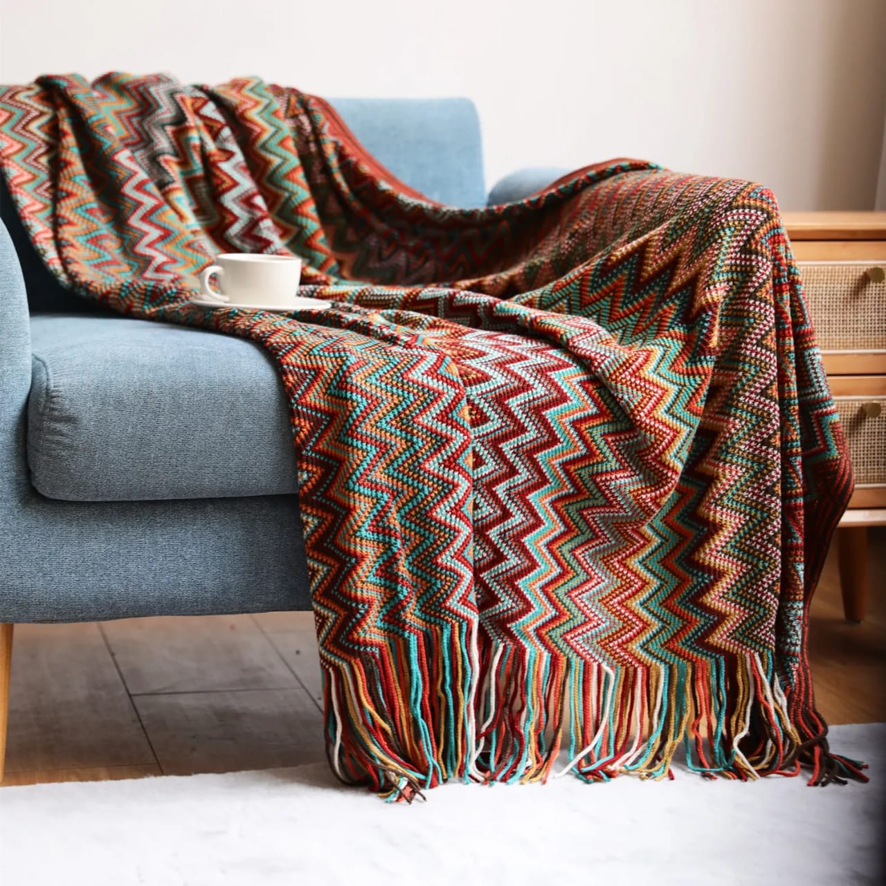 Bohemian Knitted Throw Blanket With Tassel