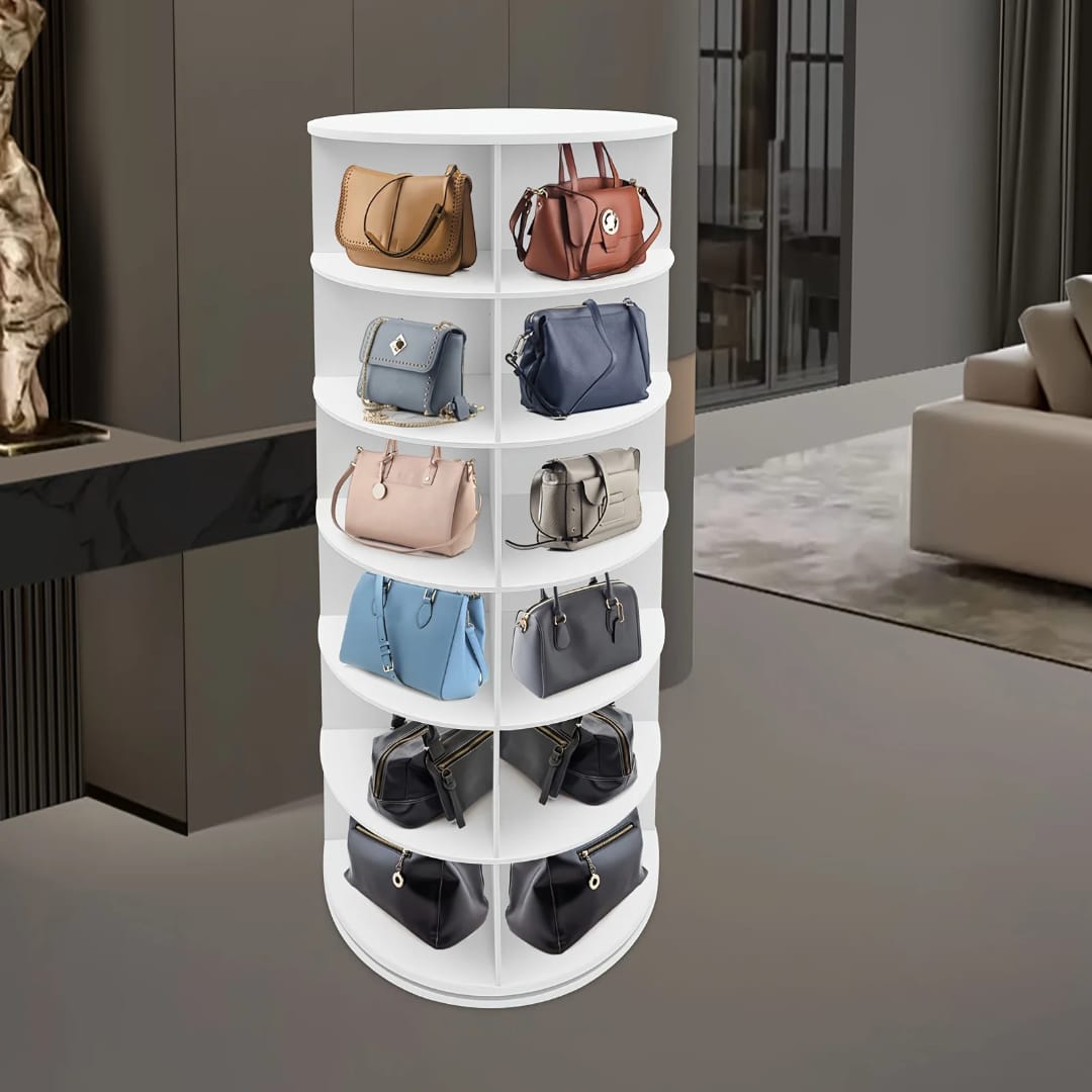 Smart Intelligent Full-Height 360 Degree 7 layer Rotating DIY Wood shoe Rack cabinet ,decor stand,hand bag rack
