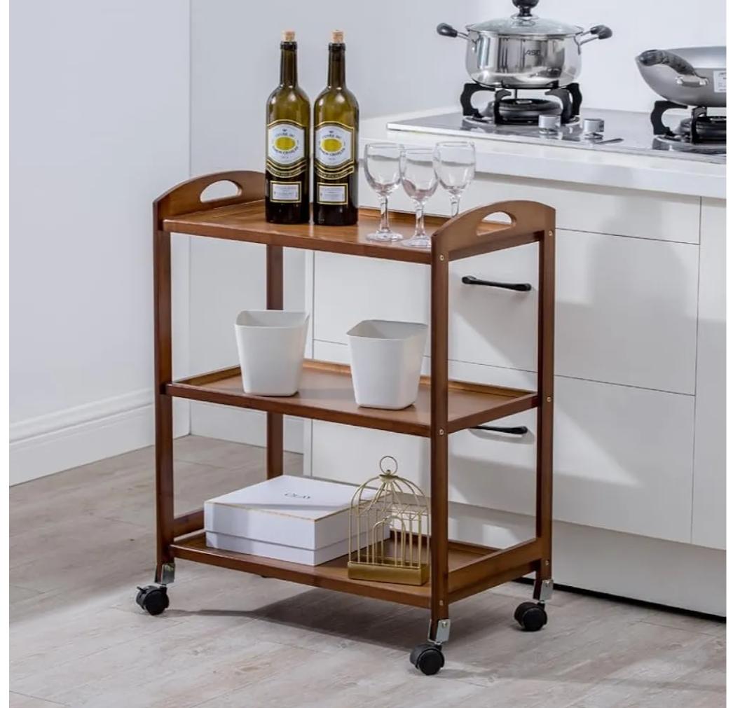 Bamboo Serving Trolley Kitchen Serving Food Trolley Storage Rack Stylish and Functional Rolling Cart Multifunctional Bar Cart Serving Organizer Trolley Kitchen Rack (3 Tier)