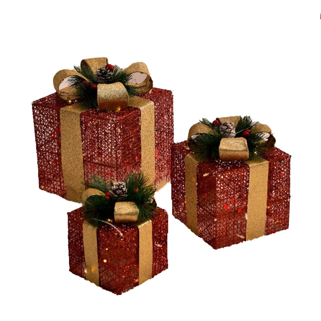 3Pc Set Snow Flocked Christmas Lighted Gift
