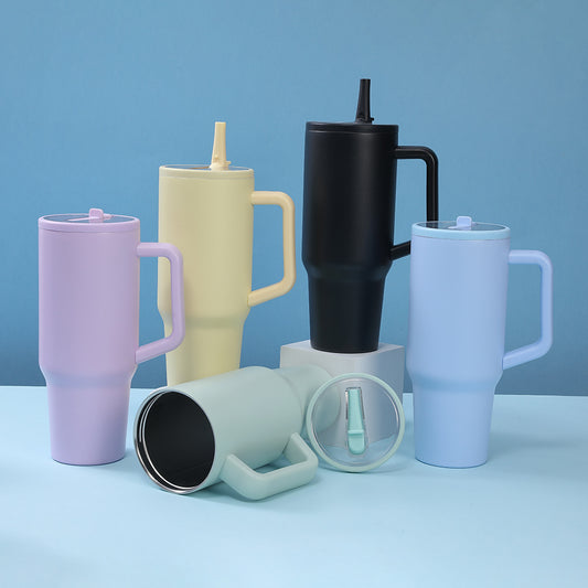 New 1200ml double wall travel cup stainless steel tumbler, vacuum insulated leak proof rotatable handle straw lid mug, Stanley design tumbler